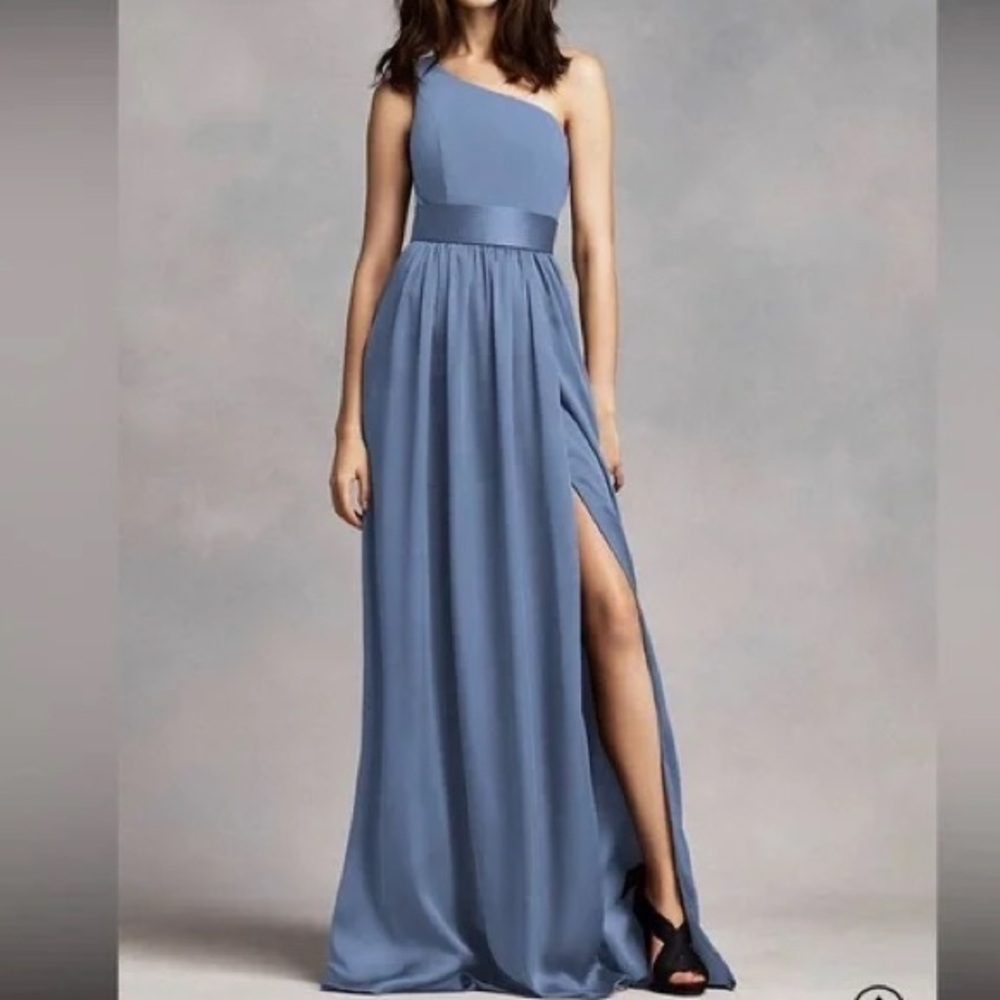 NWT WHITE by VERA WANG Dress Gown Sz 0 Satin One Shoulder Steel Blue Fit & Flare